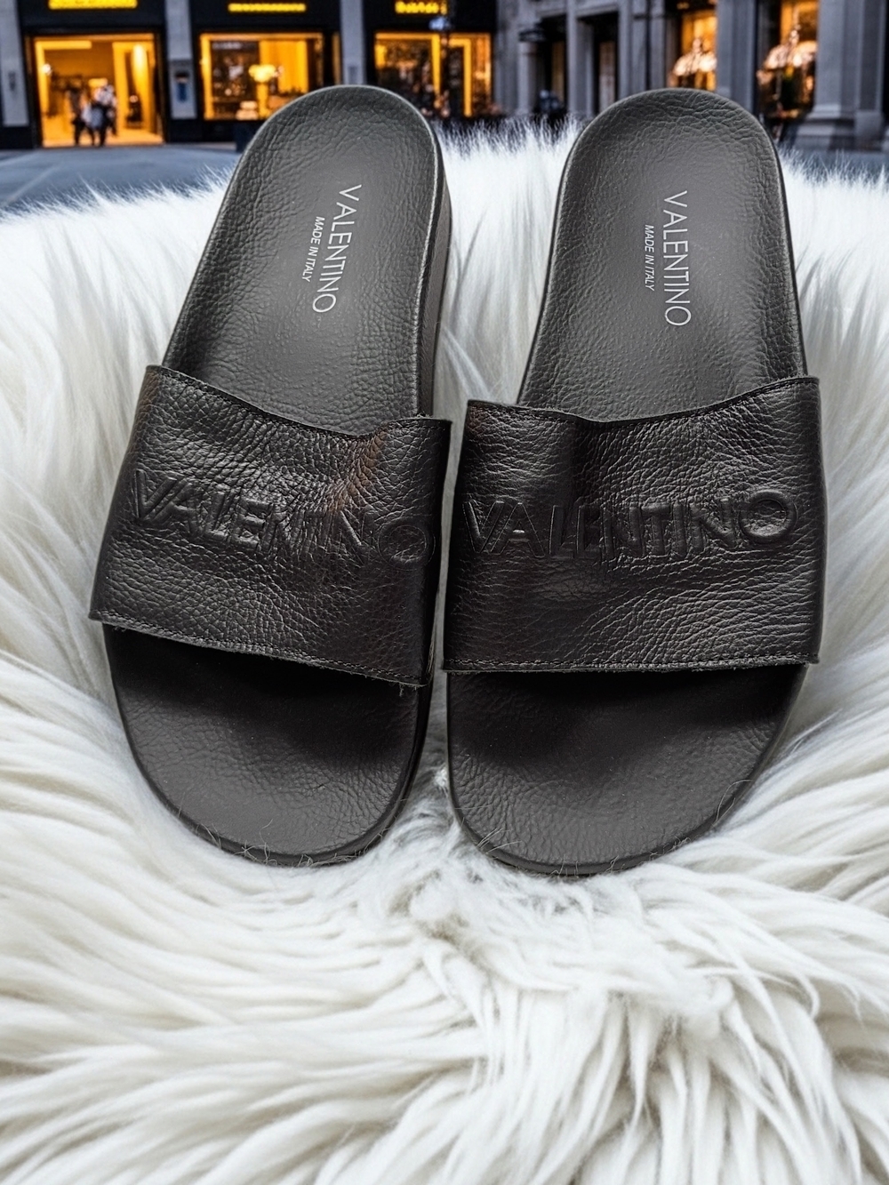 New Valentino Black Embossed Leather Slide Sandals Men's Size 10